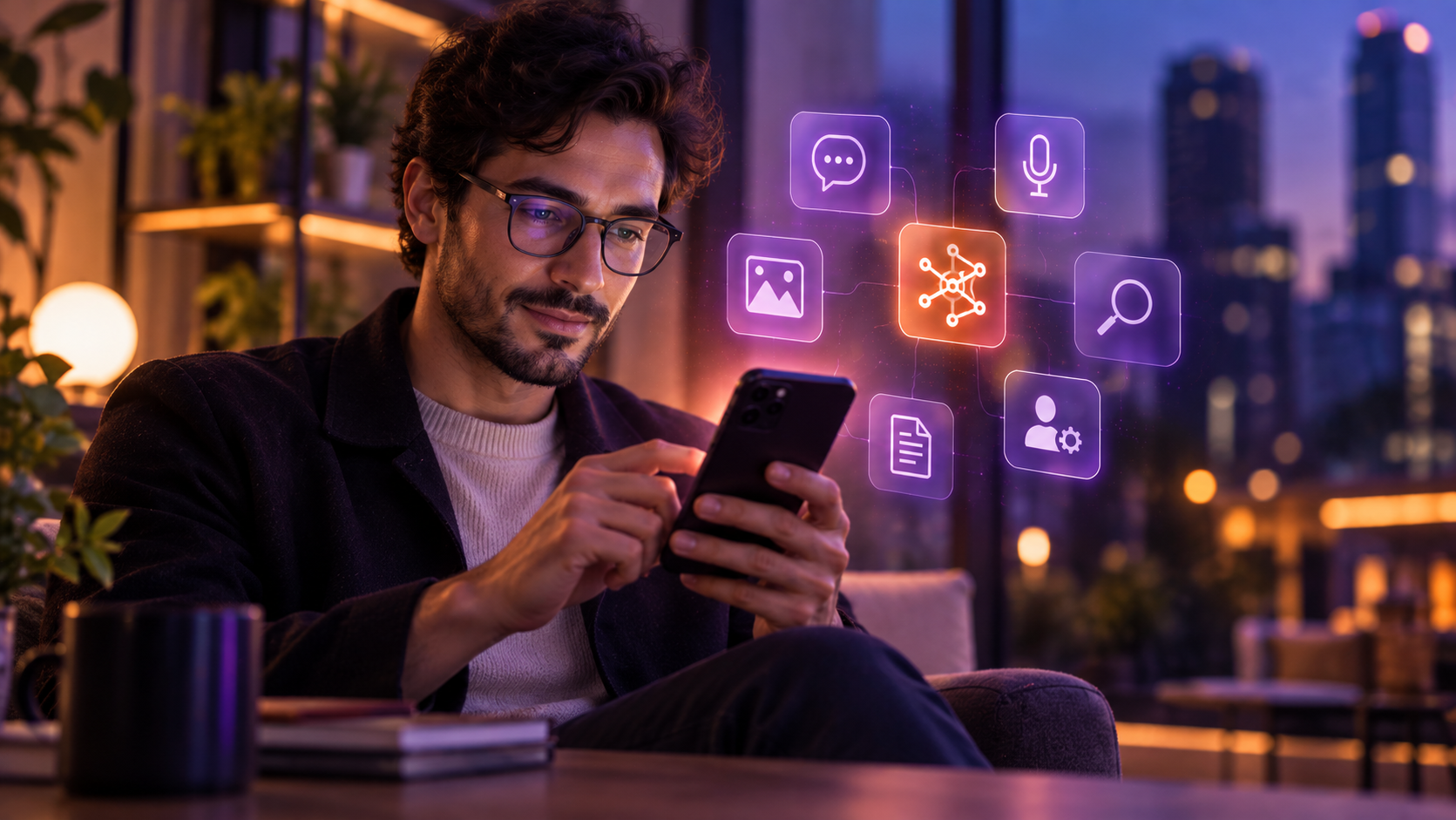 chico sosteniendo móvil sentado mirando una app y sobrevuélanos cajas con iconos de tecnologías de ia